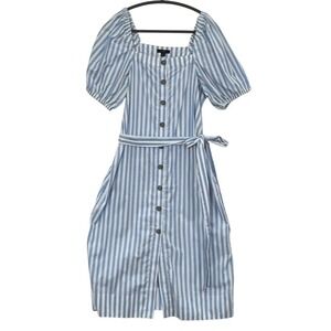 J. CREW Cottage Dress Womens SM Blue Stripe Puff Sleeve Belted 100% Cotton Sun